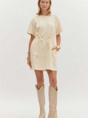 entro Cream Drawstring-Waist Mini Dress Size L NWT Casual Cotton Blend Pockets